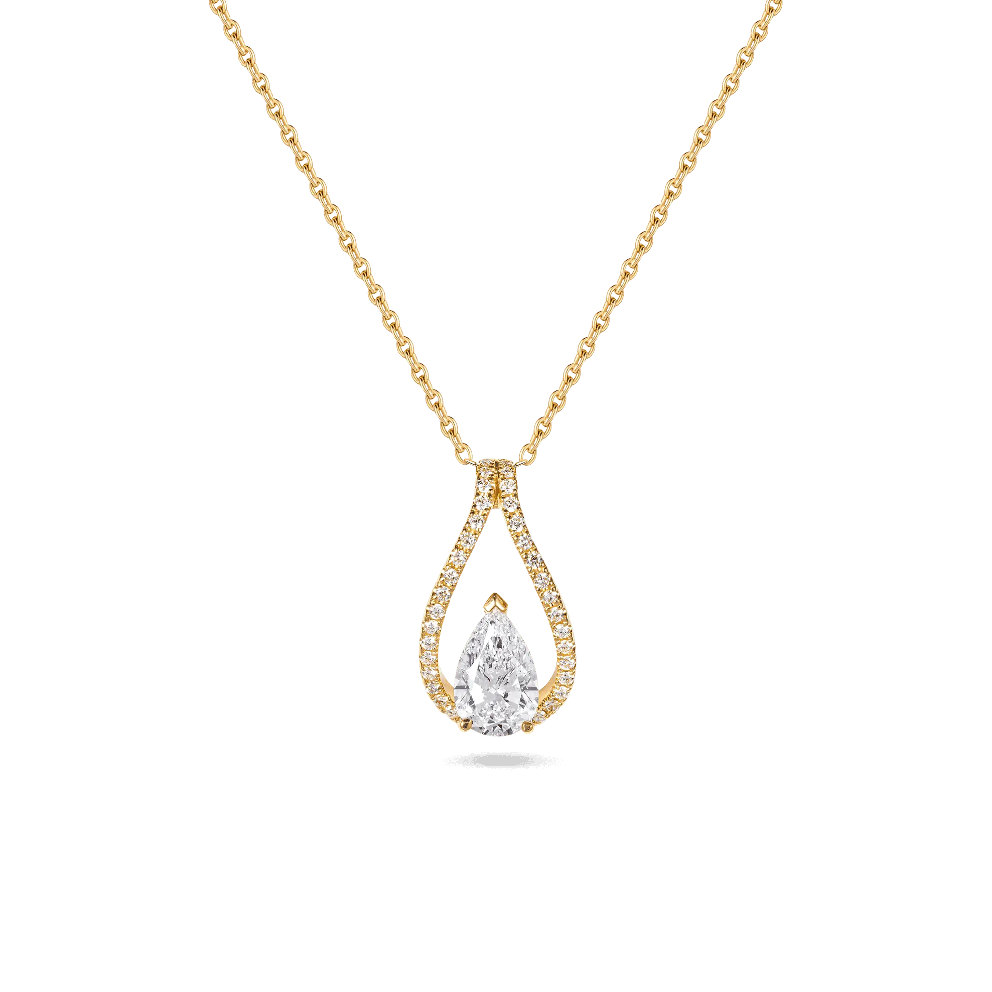 Floating Icon necklace in yellow gold, featuring a 1.3-carat pear-shaped lab-grown diamond with a diamond-set curvy halo.