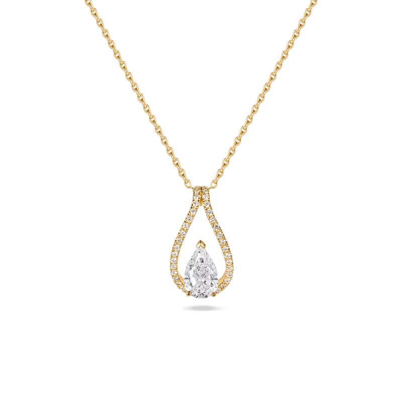 Floating Icon necklace in yellow gold, featuring a 1.3-carat pear-shaped lab-grown diamond with a diamond-set curvy halo.