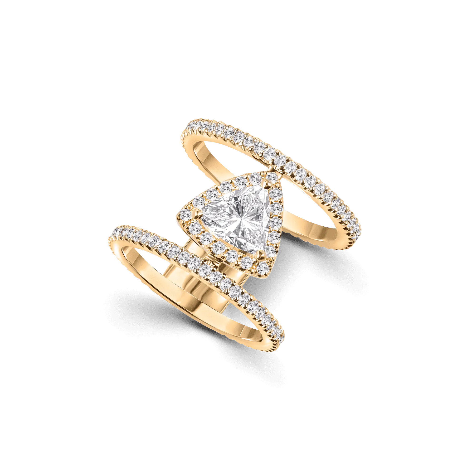 Audrey Icon ring in 18K yellow gold, characterised by a 1.15ct triangle-cut lab-grown diamond, double-band design, and full castle setting.