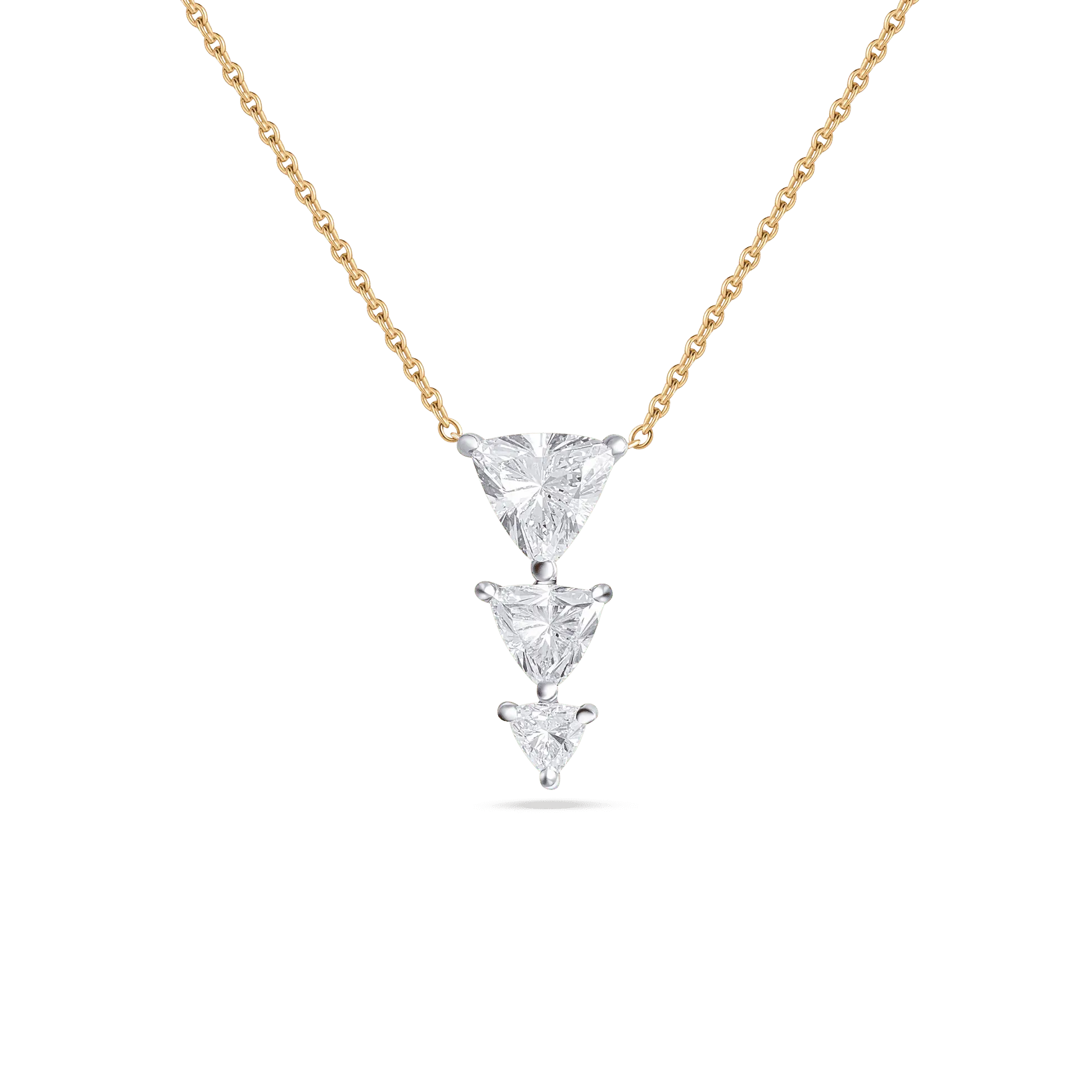 Davina necklace featuring three prong-set triangle-cut diamonds in a vertical design, suspended from a yellow gold chain.