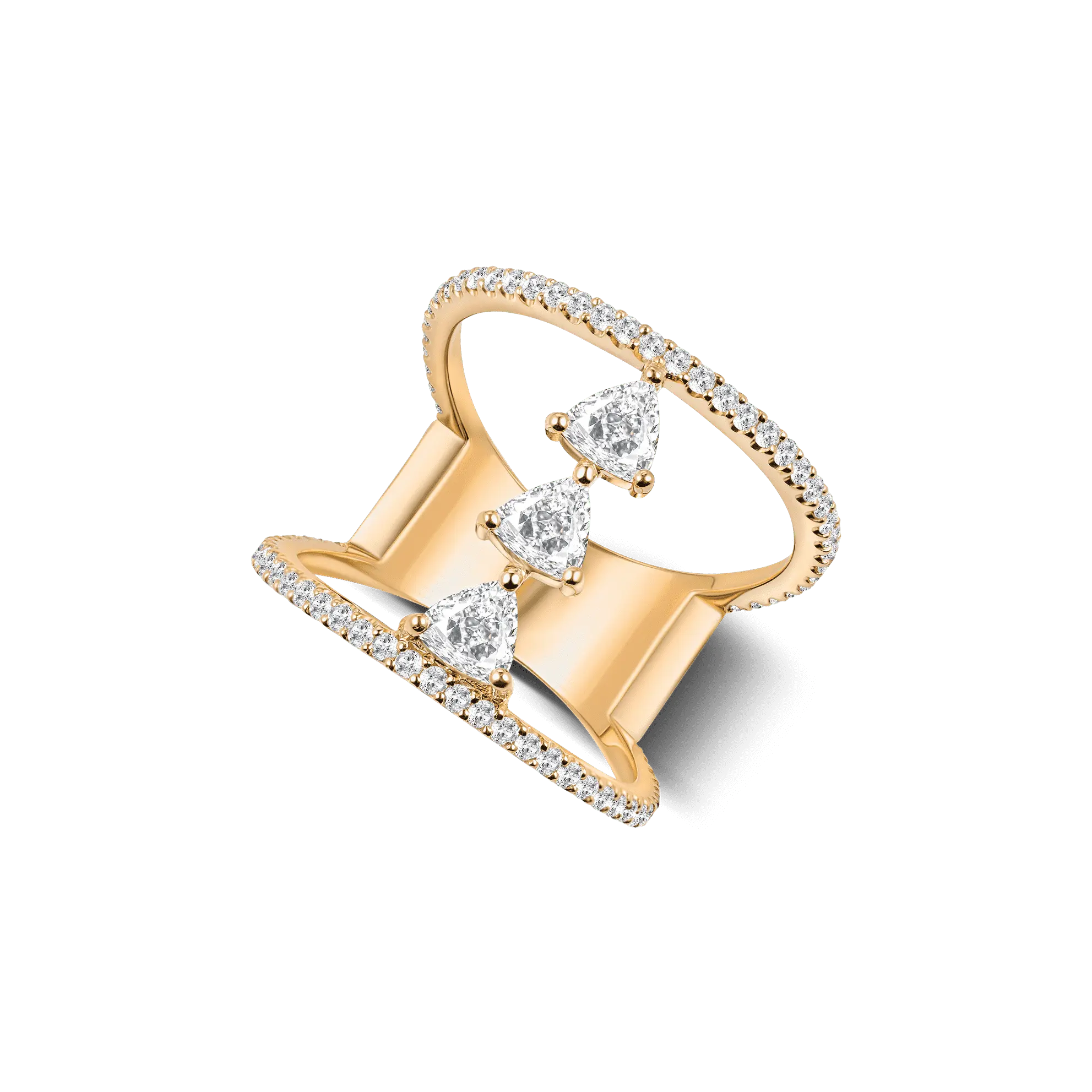 The Davina Icon ring in yellow gold, featuring three lab-grown triangle-cut diamonds set in an openwork double-band design. 