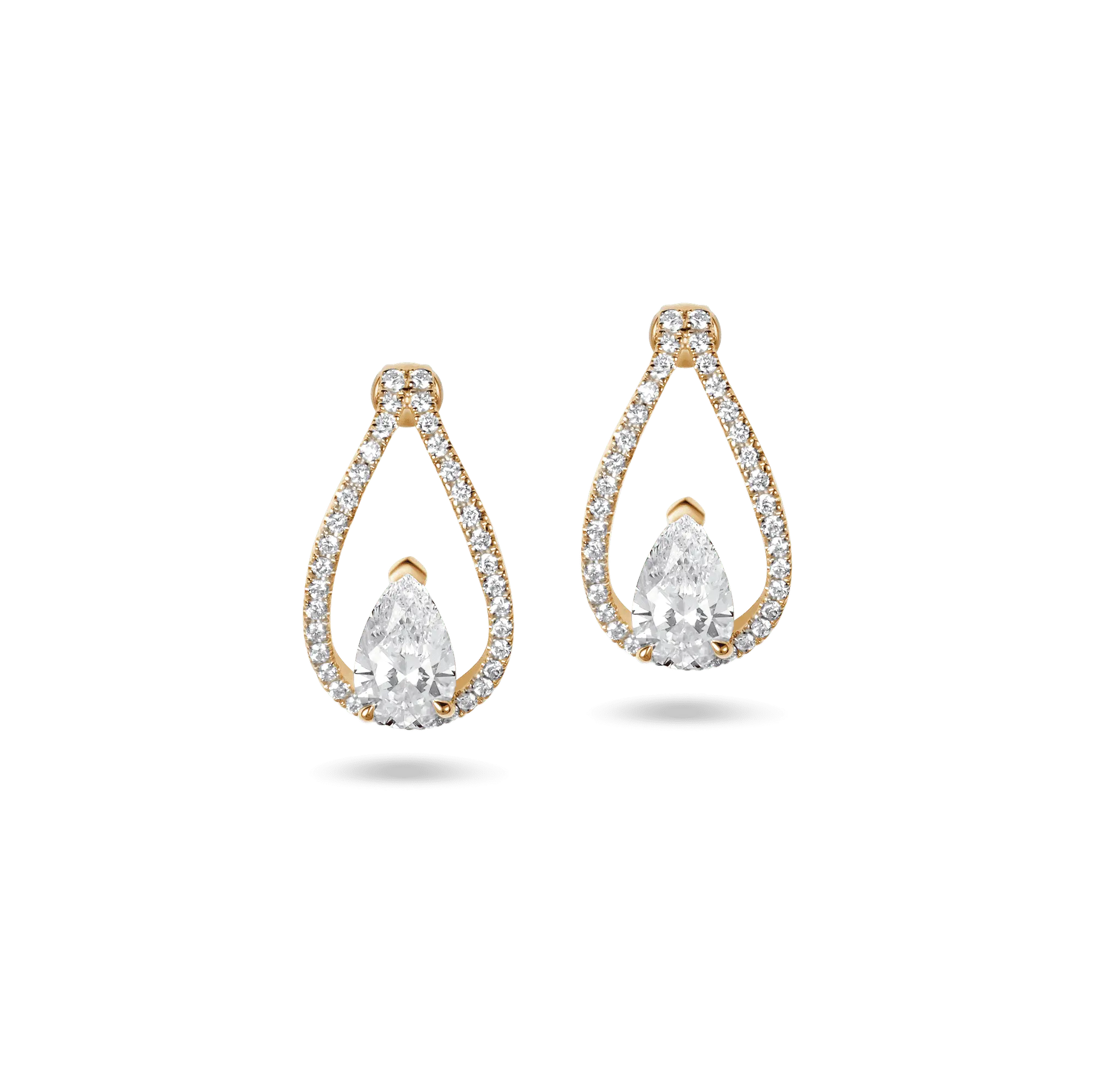 Floating Pairs earrings in yellow gold, featuring 0.80 ct pear-cut lab-grown diamonds with a diamond-studded halo.