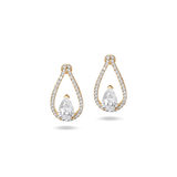 Floating Pairs earrings in yellow gold, featuring 0.80 ct pear-cut lab-grown diamonds with a diamond-studded halo.