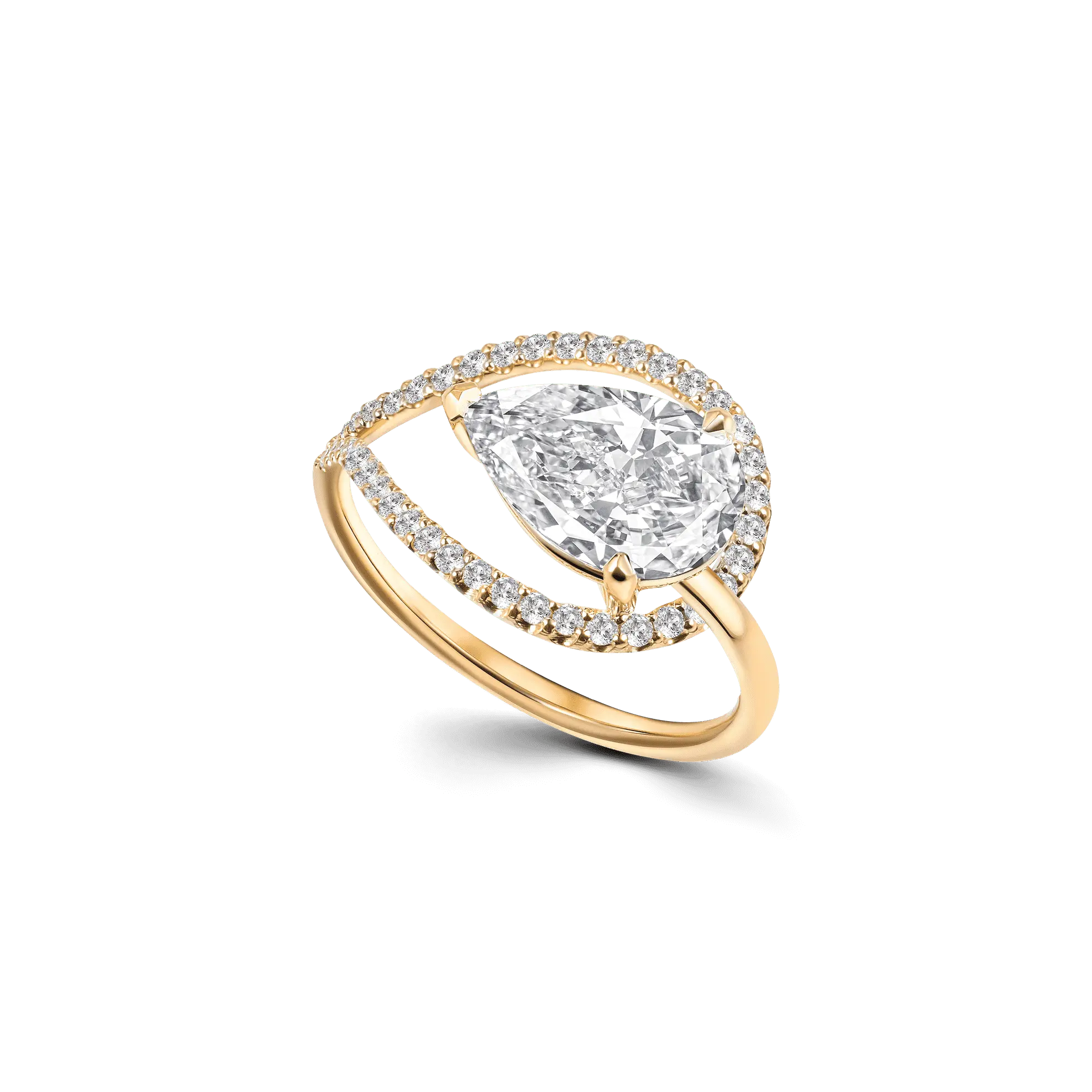 Floating Icon ring in yellow gold, featuring a curvy design with a 2ct pear-cut diamond, halo of diamonds, and a sleek single band.