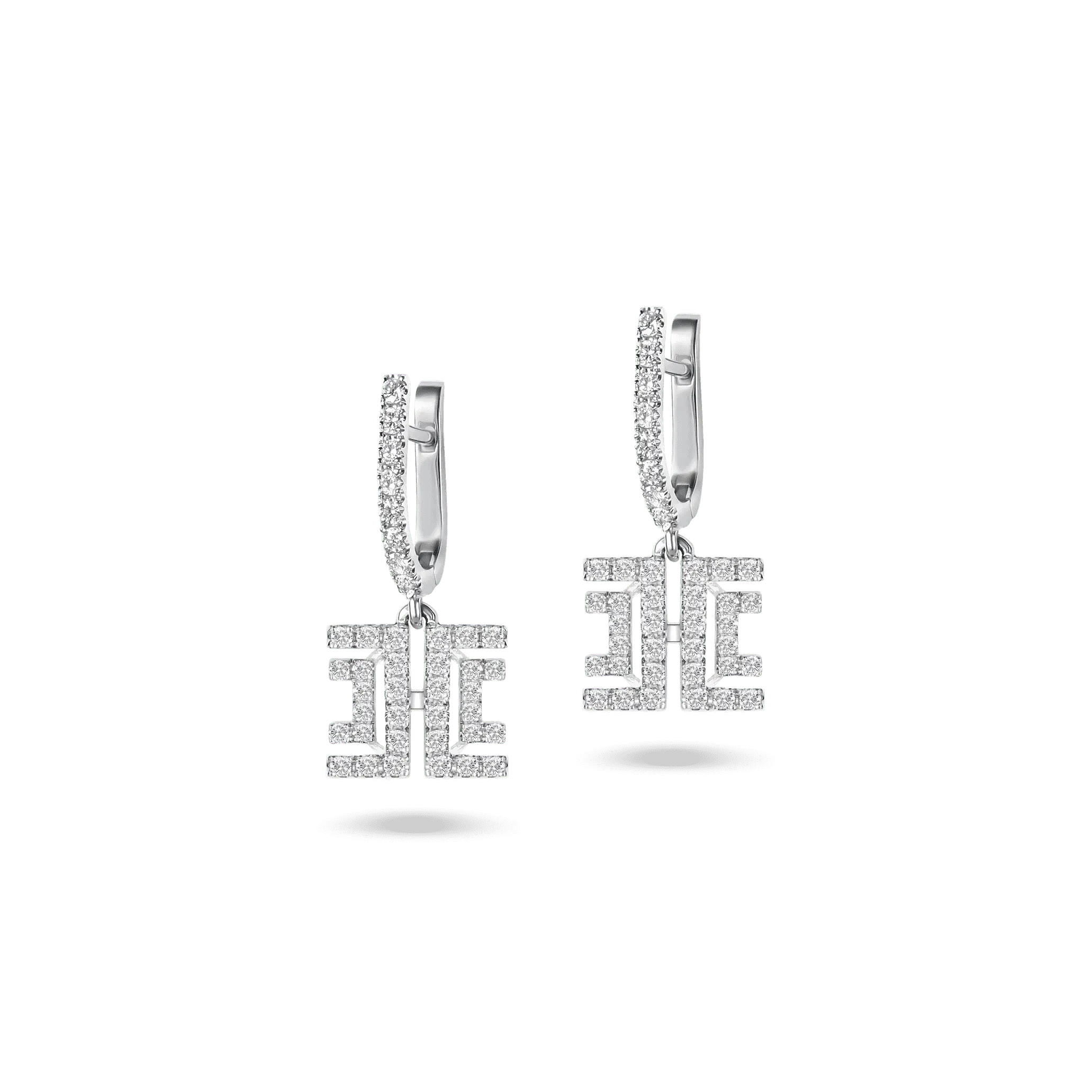 White-gold Harper danglers earrings with diamond-set geometric design.