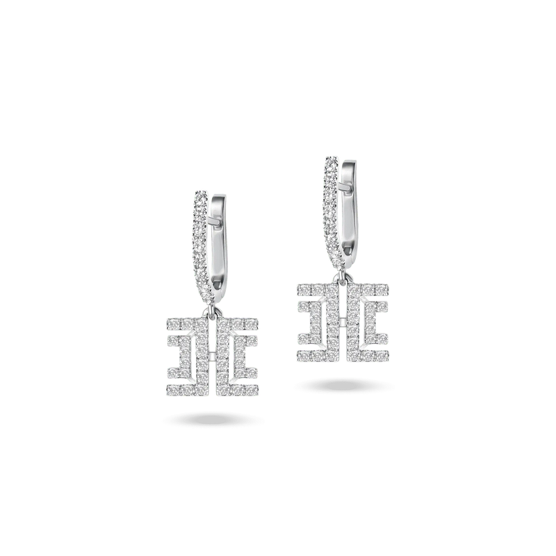 White-gold Harper danglers earrings with diamond-set geometric design.