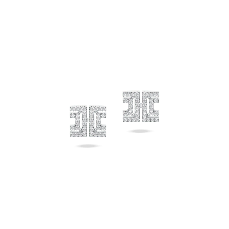 Harper Studs in white gold, diamond-set with a geometric design, featuring a bold and structured silhouette.