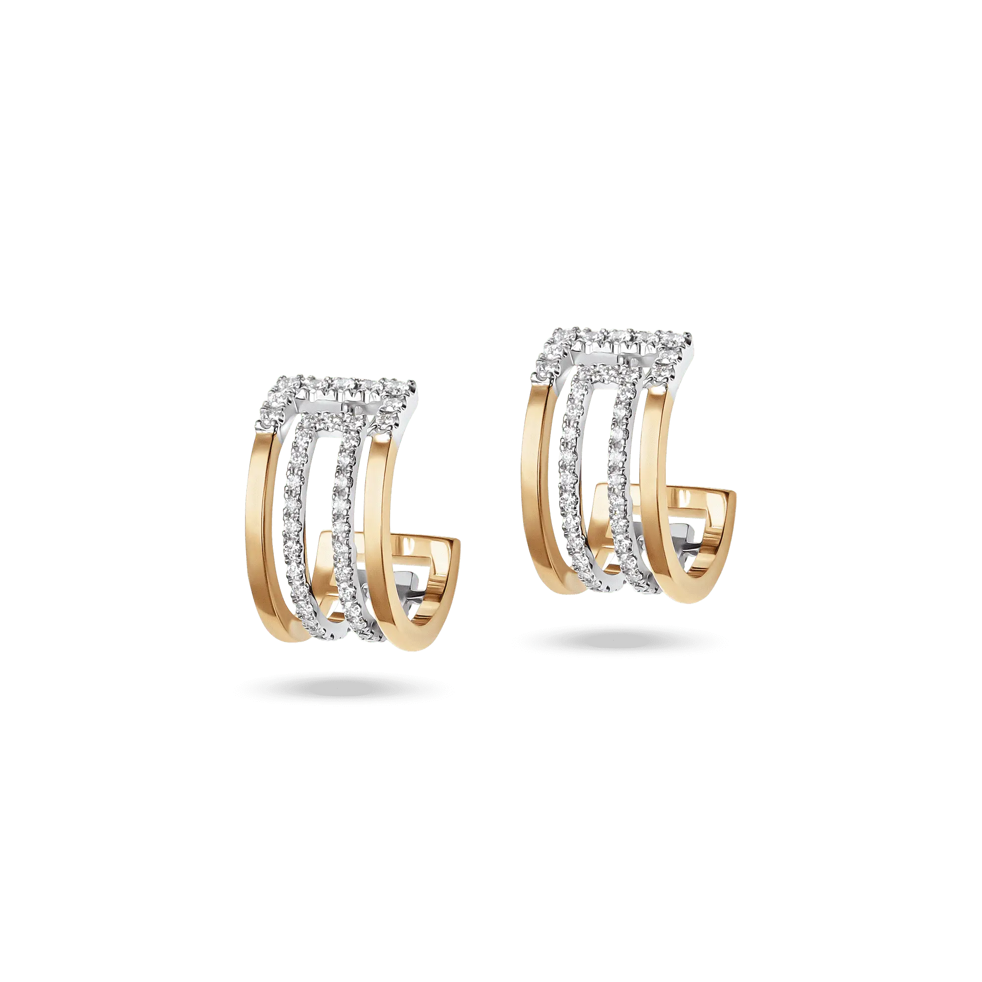 Heloise arcs earrings in bi-colour yellow gold with diamond-studded geometric design, featuring open hoop structure.