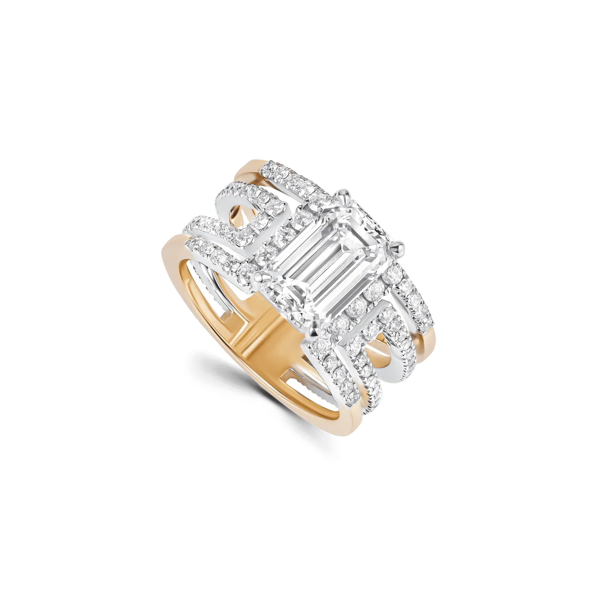 Product image of the Heloise Emerald ring in 18K yellow gold, featuring a 3ct lab-grown emerald-cut diamond and double-band design.