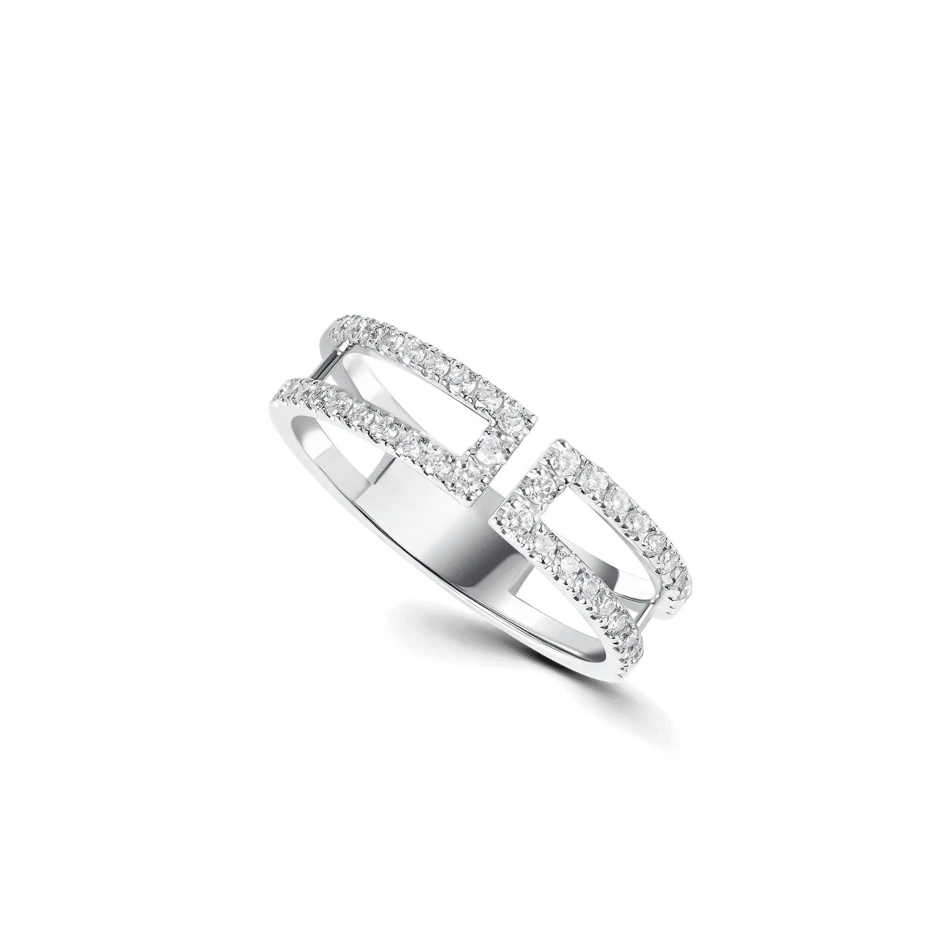 Loulou Petit in white gold, a delicate double-band ring with a geometric design and castle-set diamonds.
