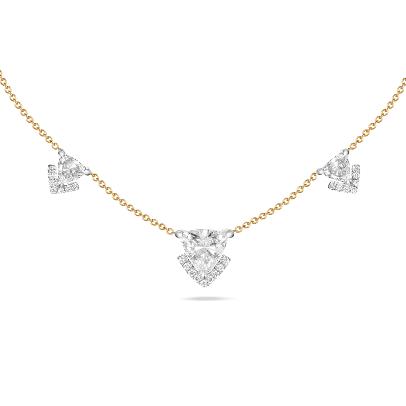 Victoria Triplets necklace with three triangle-cut diamonds, a large centre stone, and two smaller side stones on a yellow gold chain.