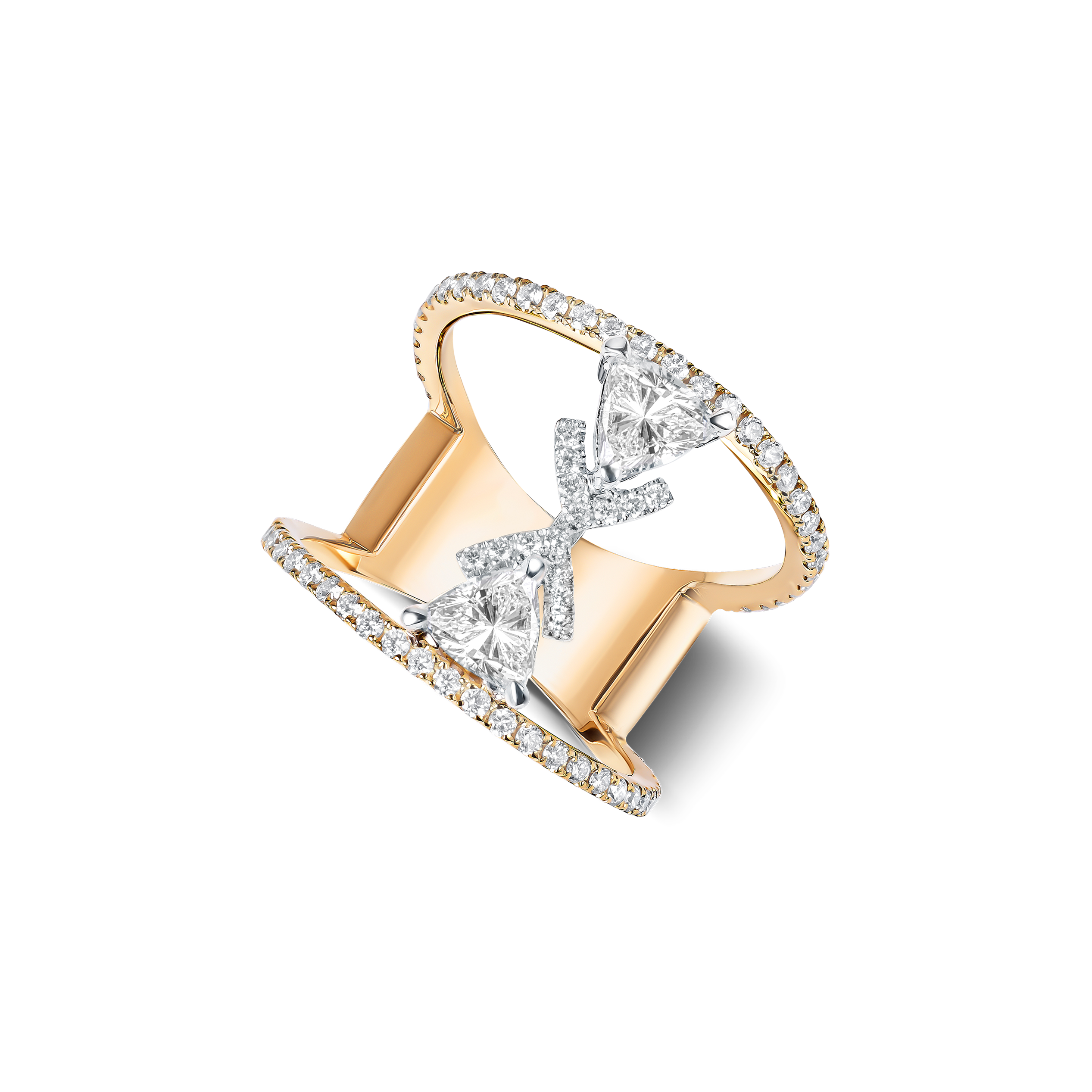 Victoria Kiss ring in yellow gold, an open double-band design with two inwardly kissing 0.40 ct triangle-cut diamonds.
